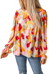 Multicolor Abstract Print Boho Ruffle Puff Sleeve Blouse