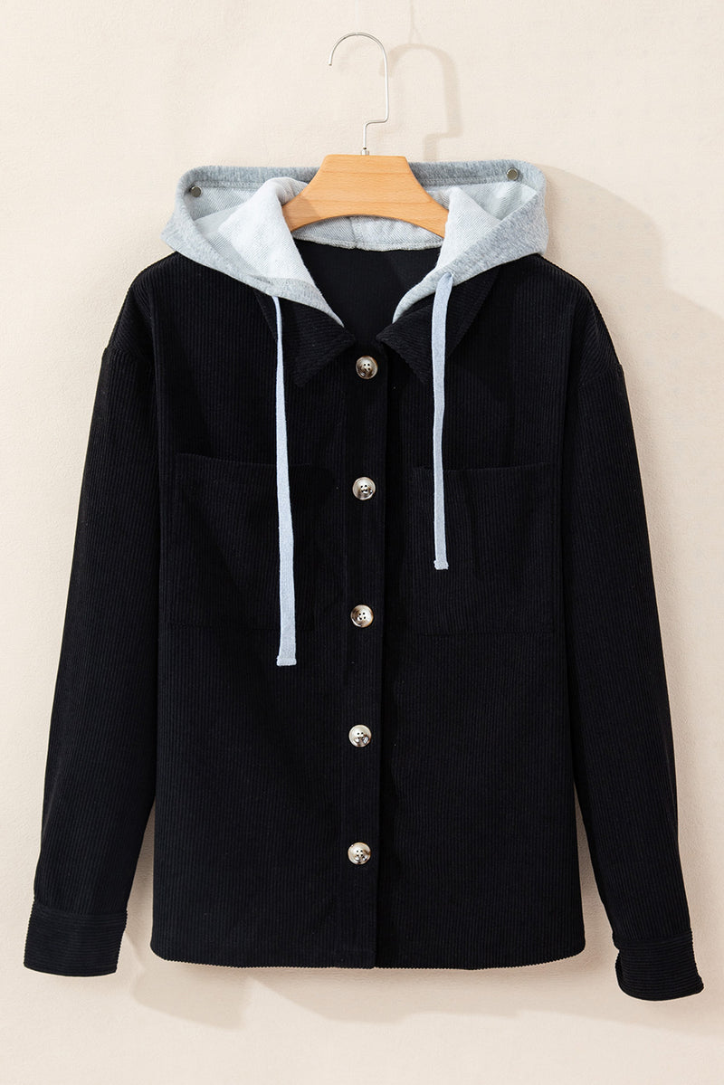 Sail Blue Pockets Drawstring Hooded Corduroy Shacket