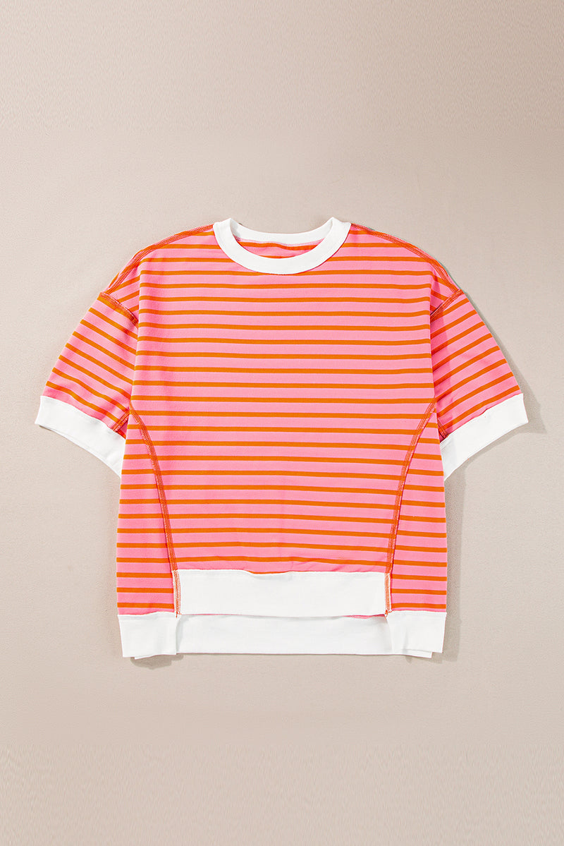 Multicolour Stripe Contrast Trim Drop Sleeve Loose Top