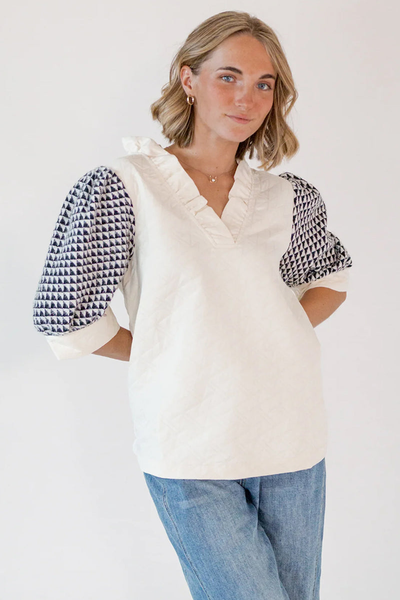 White Geometric Frill V Neck Puff Sleeve Blouse