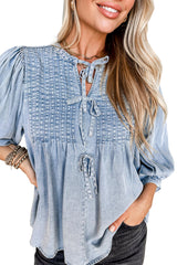 Myosotis Denim Bow Tie Pleated Puff Sleeve Top