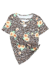 Leopard Sunflower Print Cross Neck T-Shirt