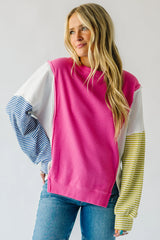 Sachet Pink Waffle Patchwork Striped Sleeve Top