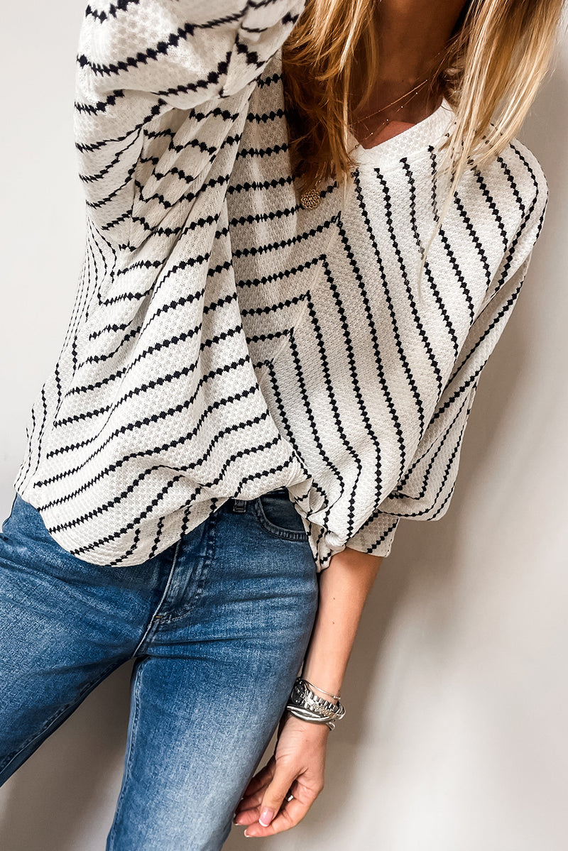 Black Stripe V Neck Long Sleeve Waffle Knit Top