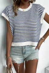 Blue Stripe Contrast Trim Knit Dolman Top