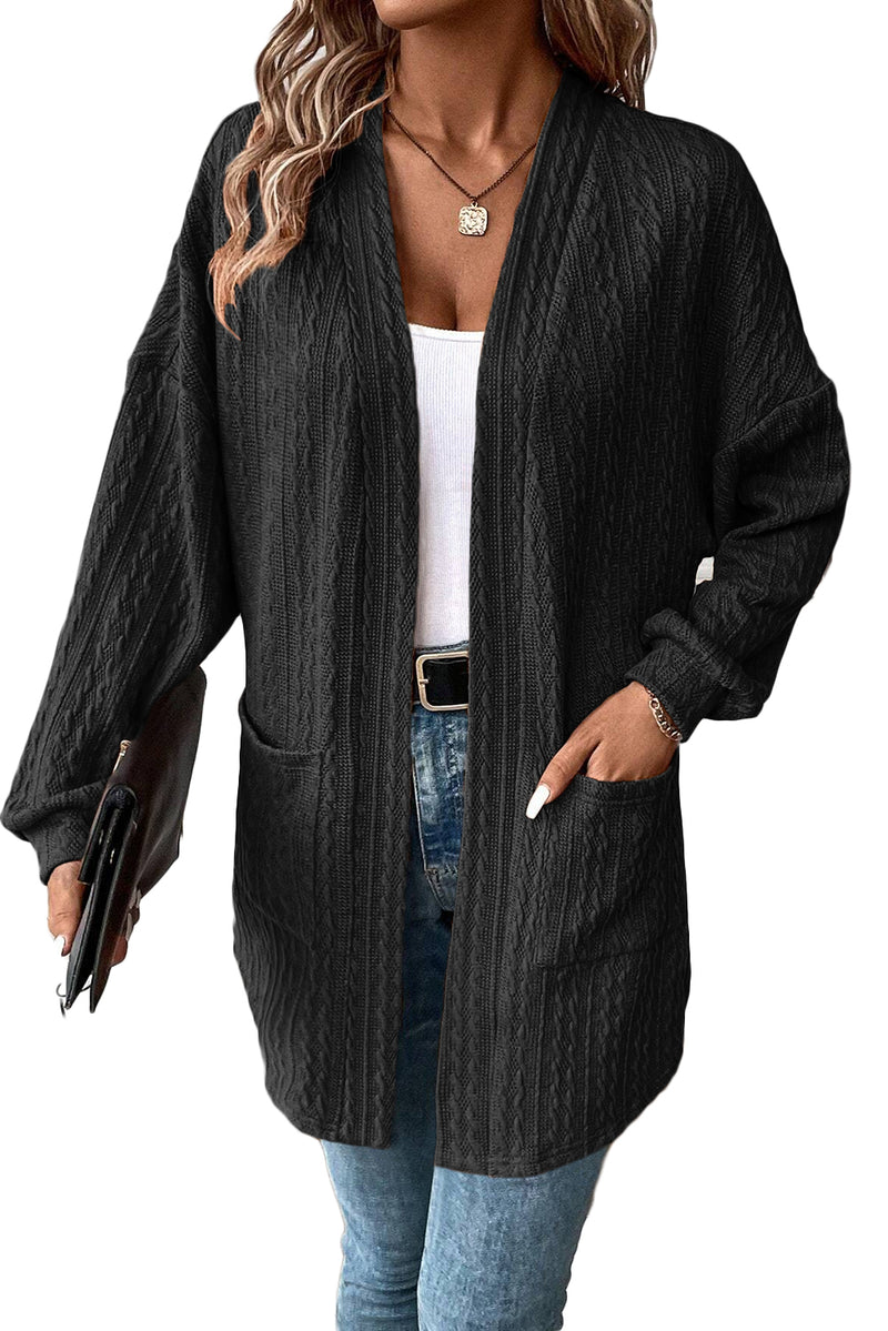 Chestnut Textured Knit Side Pockets Open Front Cardigan