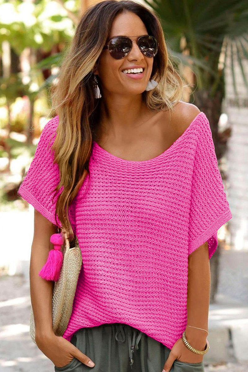 Pink Plain Knit Loose Batwing Sleeve Blouse