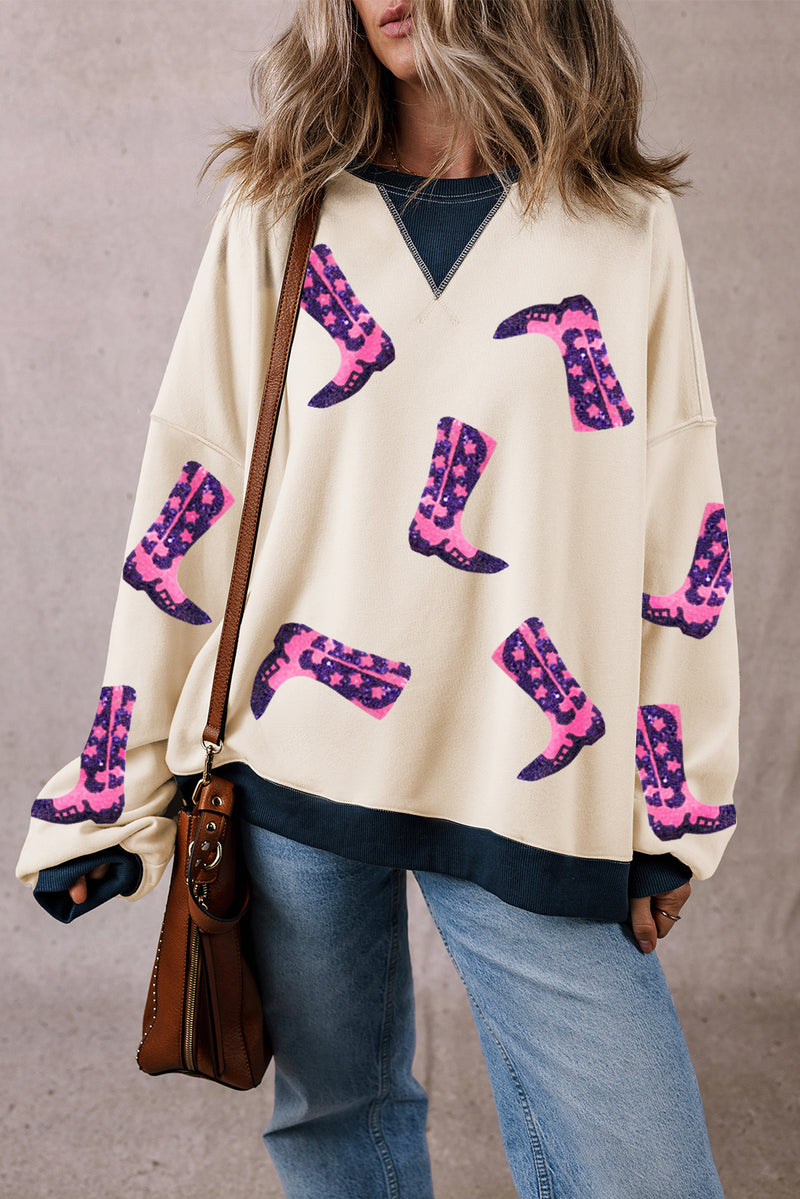 White Sequin Boots Graphic Patchwork Neck Sweatshirt