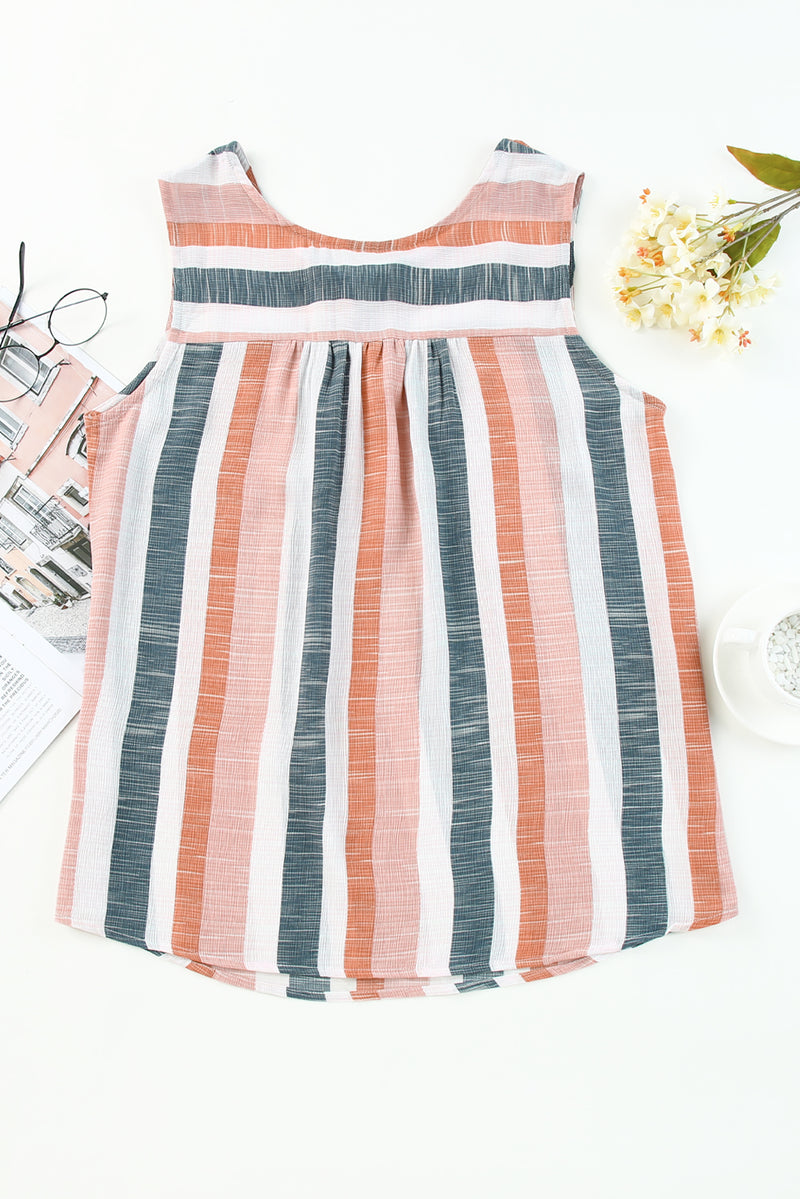 Multicolor Striped Print Split V Neck Sleeveless Shirt