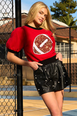 Red Sequin Rugby Color Block Puff Short Sleeve Sweater