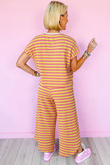 Yellow Stripe Rainbow Tee and Tassel Drawstring Wide Leg Pants Set