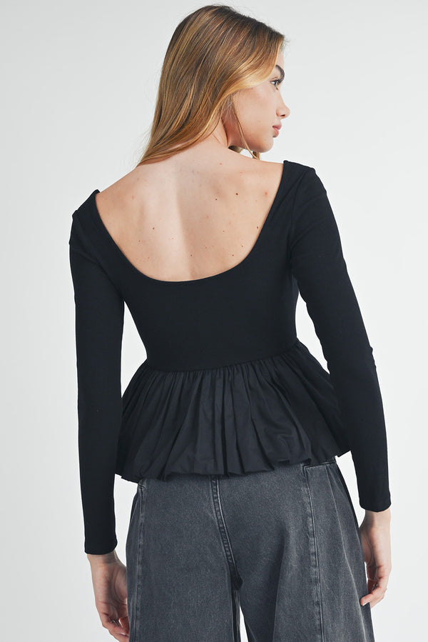 Black Plain Knitted Patchwork Peplum Top