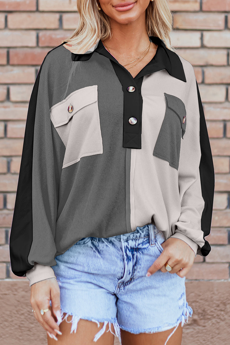 Gray Colorblock Patchwork Ribbed Oversized Henley Sweatshirt