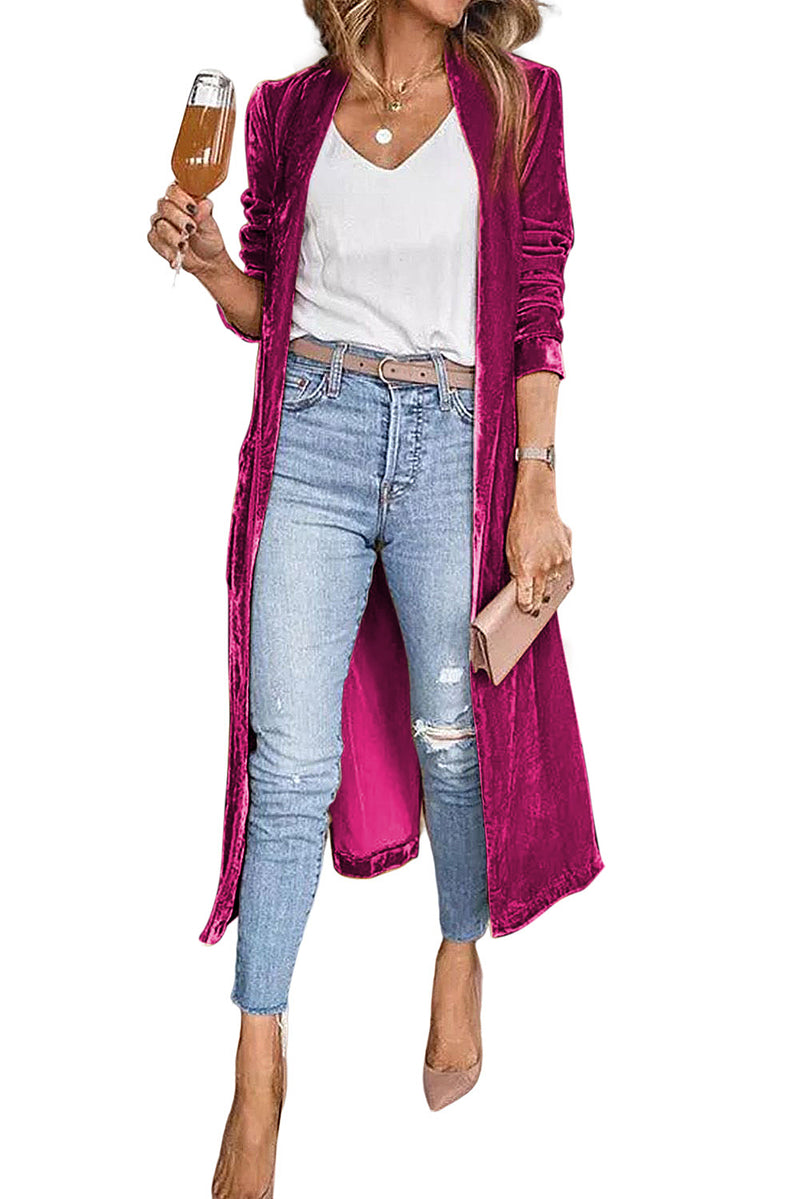 Rose Red Velvet Elegant Pocket Open Front Long Cardigan