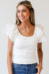 White Eyelet Ruffle Sleeve Slim Fit Top