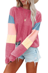 Rosy Color Block Casual Drop Sleeve Sweatshirt