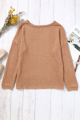 Khaki Waffle Knit Casual Drop Shoulder Long Sleeve Top