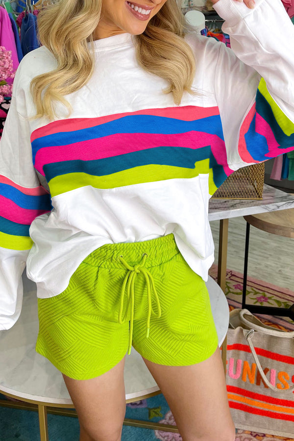 White Colorful Striped Round Neck Long Sleeve Top