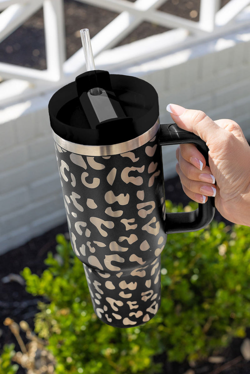 Green 40oz Stainless Steel Portable Leopard Tumbler Mug With Handle