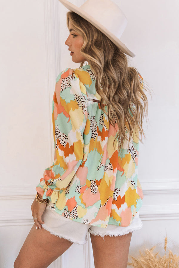 Multicolor Abstract Print Boho Ruffle Puff Sleeve Blouse