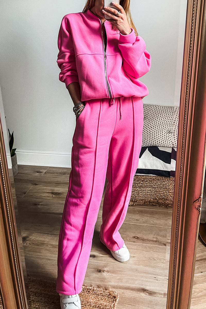 Bright Pink Seamed Zipper Jacket and Drawstring Waist Pants Set