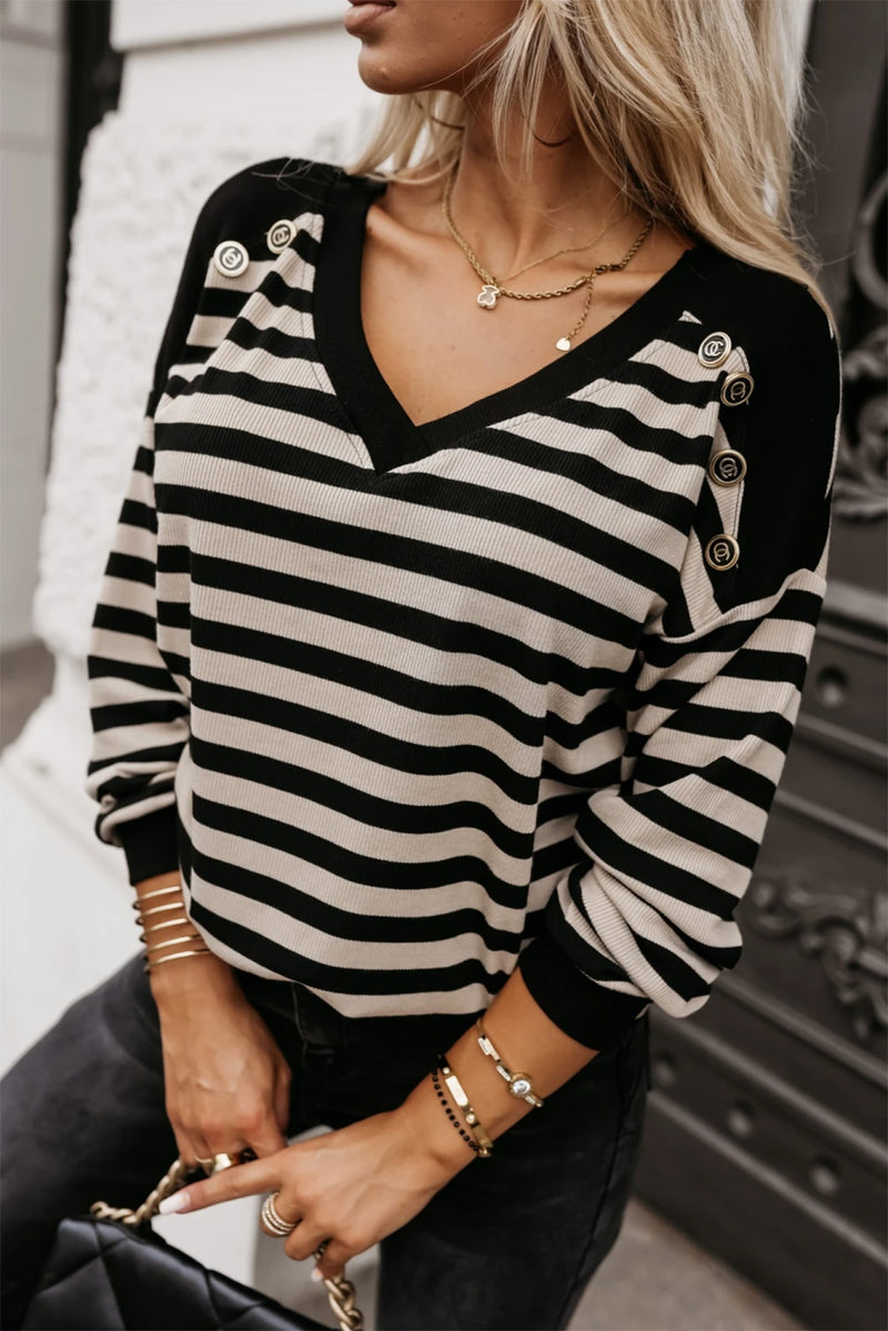 Black Stripe Crochet Hollow-out Back Buttoned Decor V Neck Top