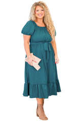 Skobeloff Frilled U Neck Puff Sleeve Belted Ruffle Hem Plus Size Midi Dress