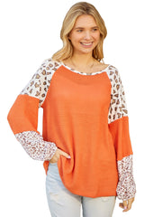 Orange Casual Waffle Leopard Patchwork Sleeve Knit Top