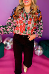 Red Colorblock Floral Print Puff Sleeve Shirt