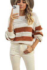 White Casual Stripe Print Knit Puff Sleeve Sweater