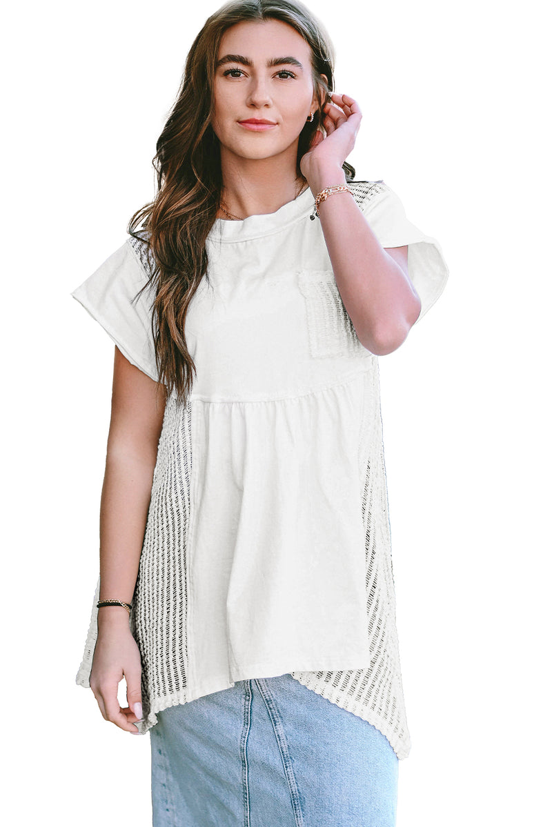 White Hollow Knit Splicing Keyhole Back Tunic Top