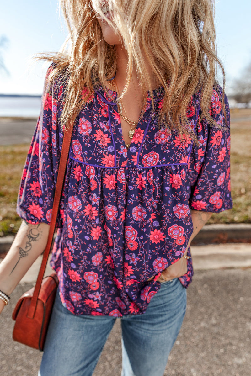 Purple Floral Puff Half Sleeve Split Neck Blouse