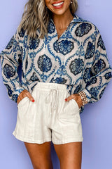 Blue Ethnic Print Button V Neck Loose Shirt