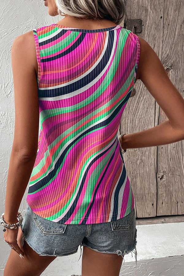 Purple Striped Print Henley Neck Tank Top