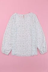 White Cheetah Print Lantern Sleeve Crew Neck Blouse