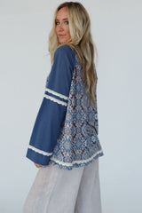 Blue Boho Geometric Print Lace Ricrac Raglan Sleeve Blouse