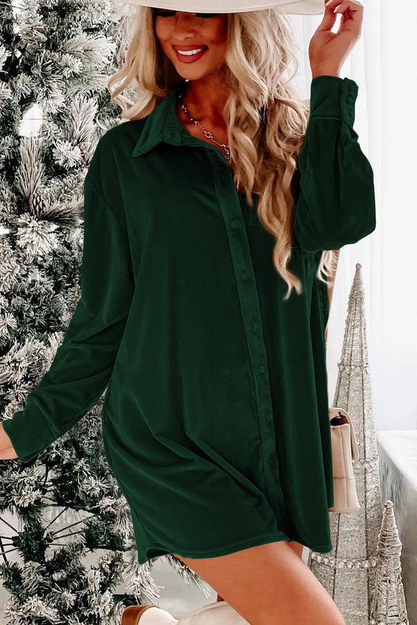 Green Velvet Button Front Shirt Mini Dress