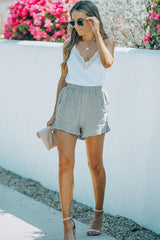 Green Casual Pocketed Ruffle High Waisted Shorts