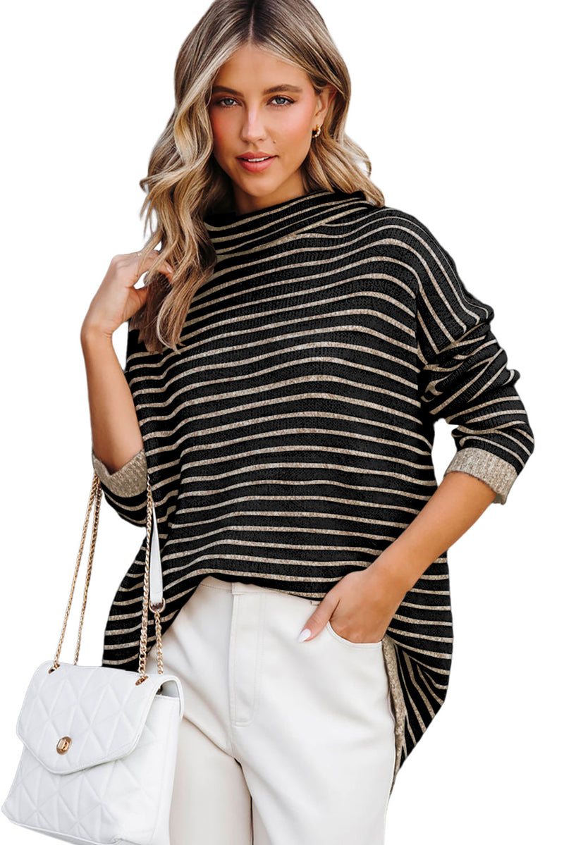 Black Striped Turtleneck Long Sleeve Sweater