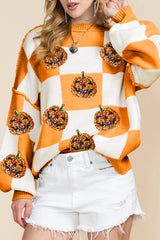 Grapefruit Orange Sequined Halloween Pumpkin Checkered Sweater