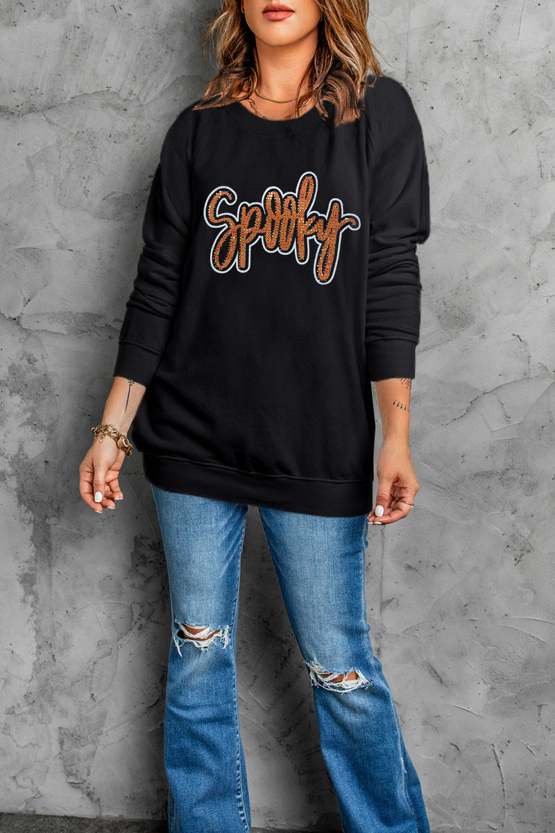 Black Spooky Rhinestone Drop Shoulder Graphic Sweatshirt