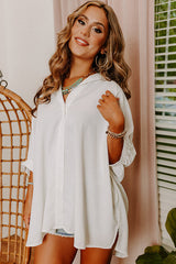 White Plain 3/4 Batwing Sleeve Oversize Button Up Blouse