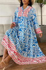 Sky Blue Ethnic Floral Print Notch Neck Plus Size Dress