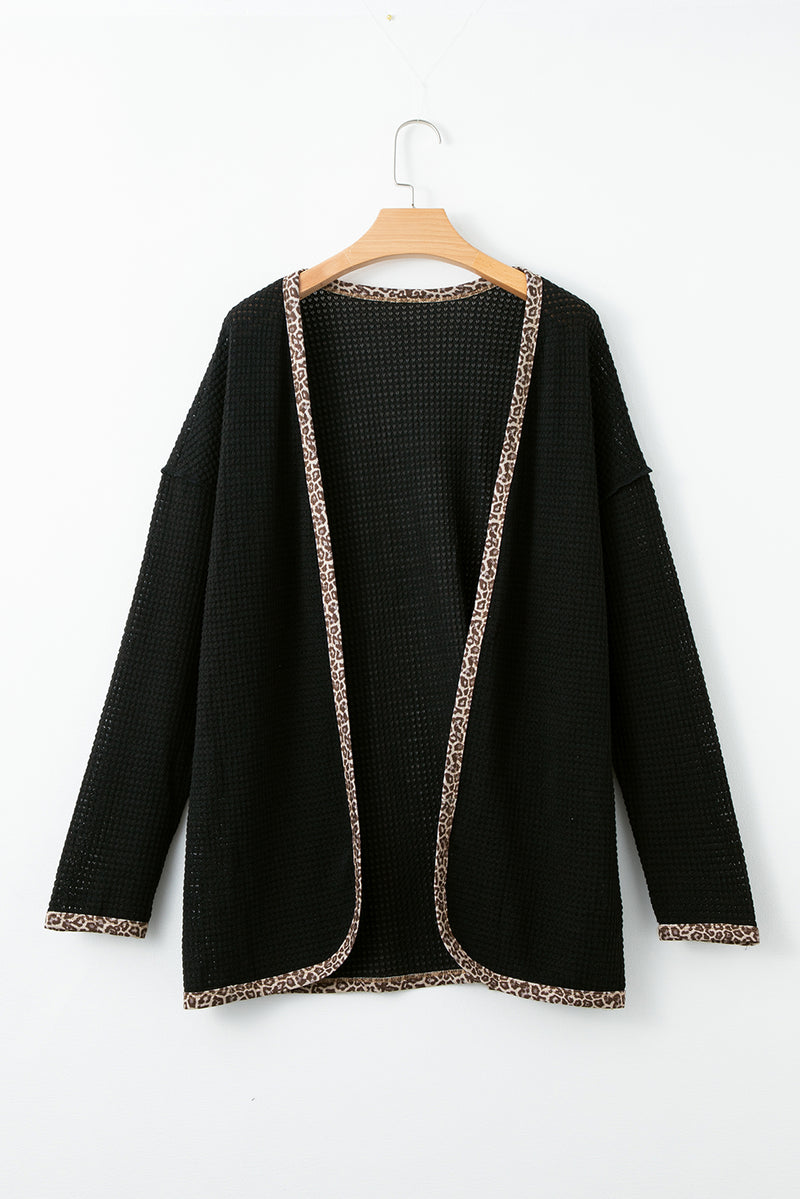 Black Waffle Knit Leopard Contrast Open Front Cardigan