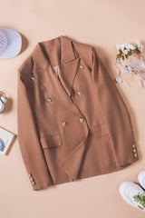 Double Breasted Lapel Neck Flap Pocket Casual Brown Blazer for Women