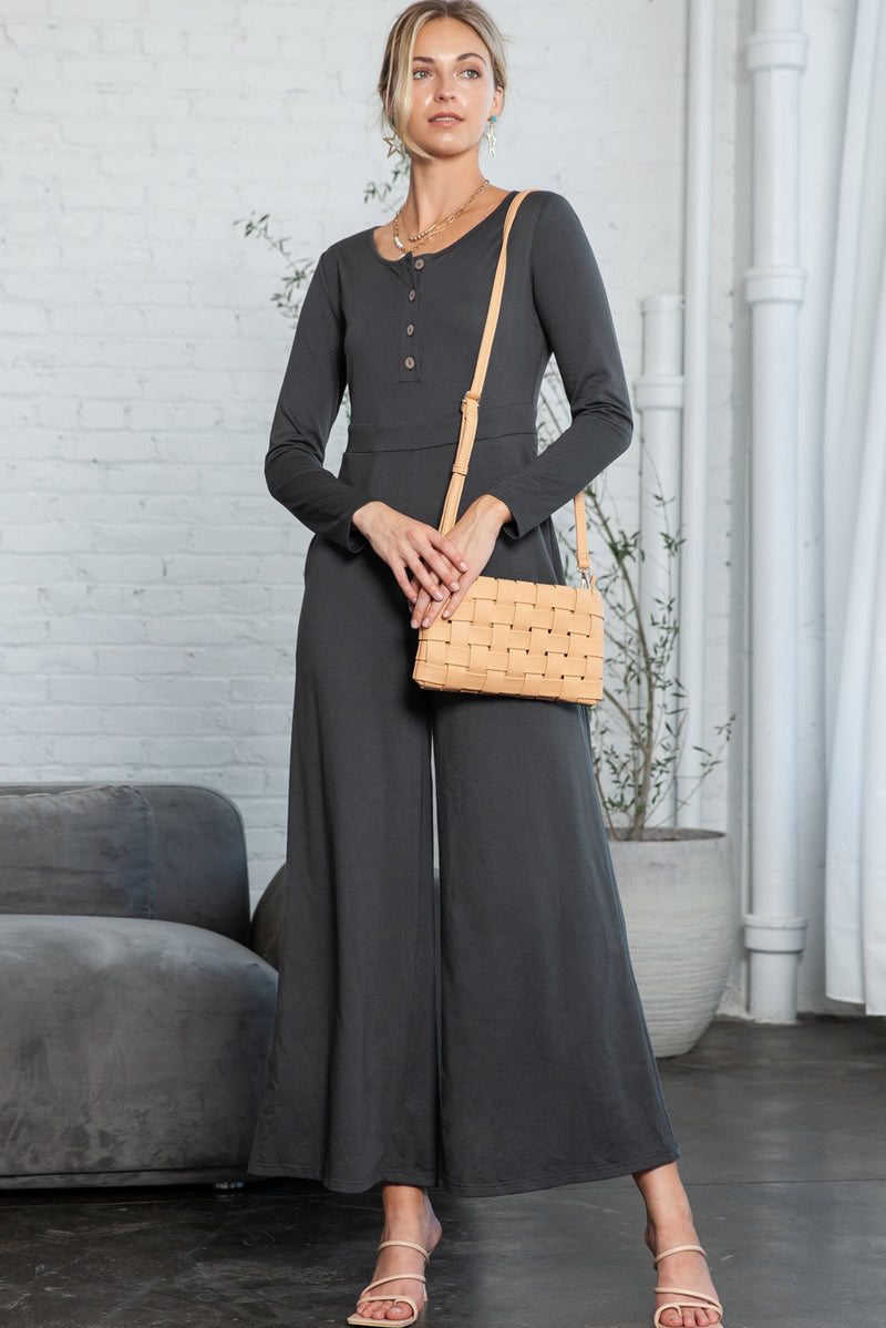 Dark Grey Henley Long Sleeve Wide Leg Jumpsuit with Pockets