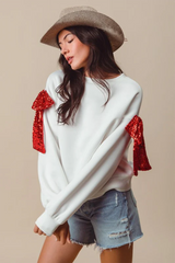 White Bow Knot Long Sleeve Crewneck Casual Sweatshirt