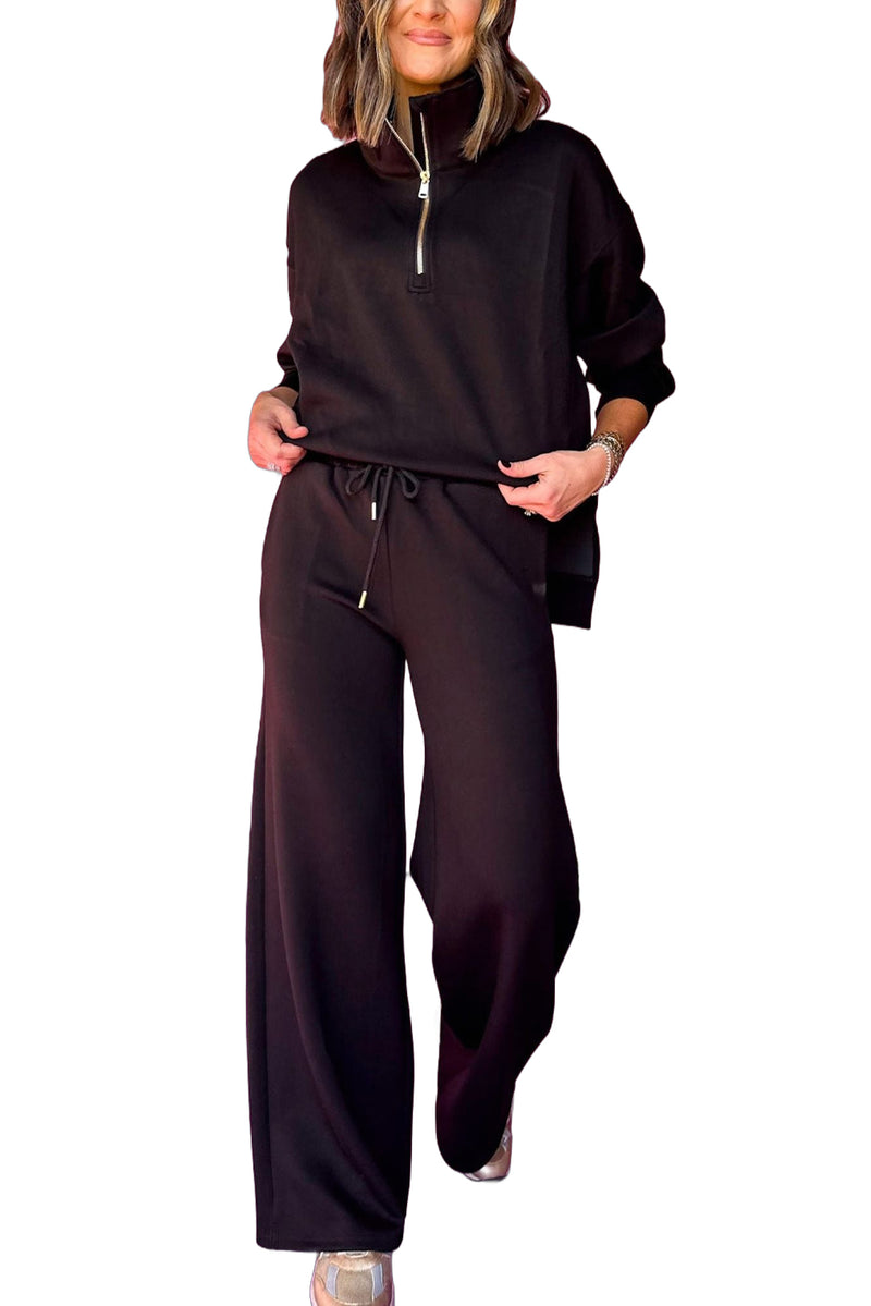 Black Zipper Stand Neck Top and Wide Leg Pants Set