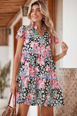 Pink Floral Print Wavy Embellished V Neck Mini Dress