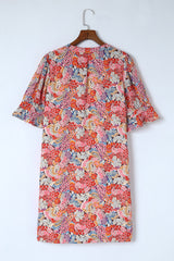 Multicolor Floral Print Split V Neck Half Sleeve Casual Tunic Dress